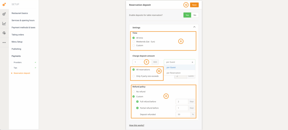 deposit for restaurant reservation